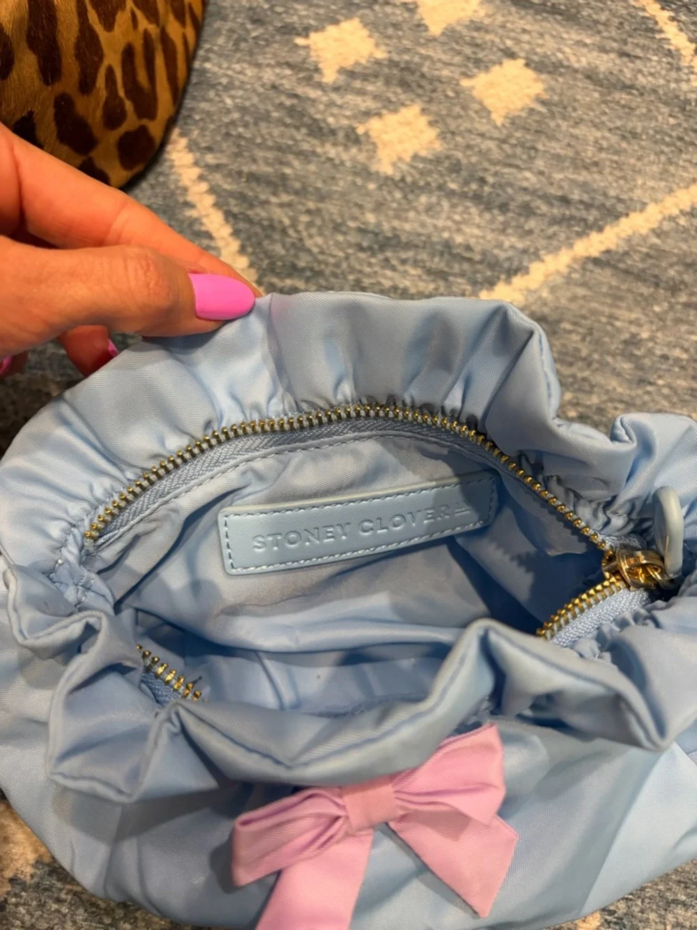 Stoney Clover Lane Light Blue Cosmetic Pouch with Pink Bow